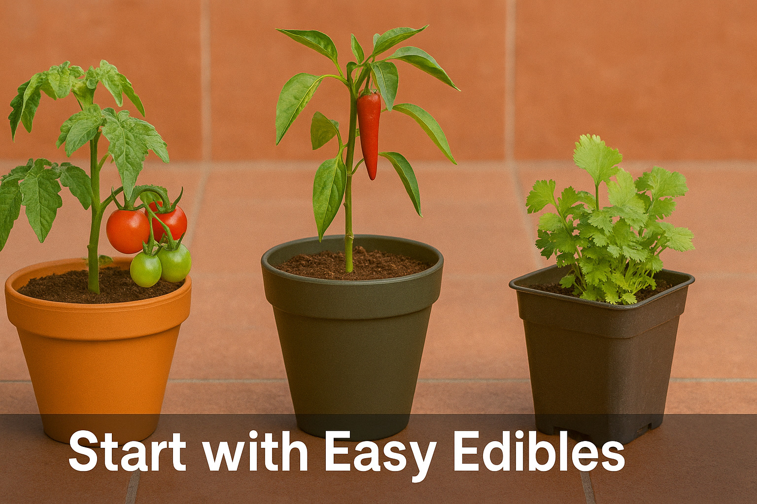 Beginner-friendly edible plants in pots—cherry tomatoes, red chili peppers, and coriander—are perfect for starting a simple balcony vegetable garden in small spaces.